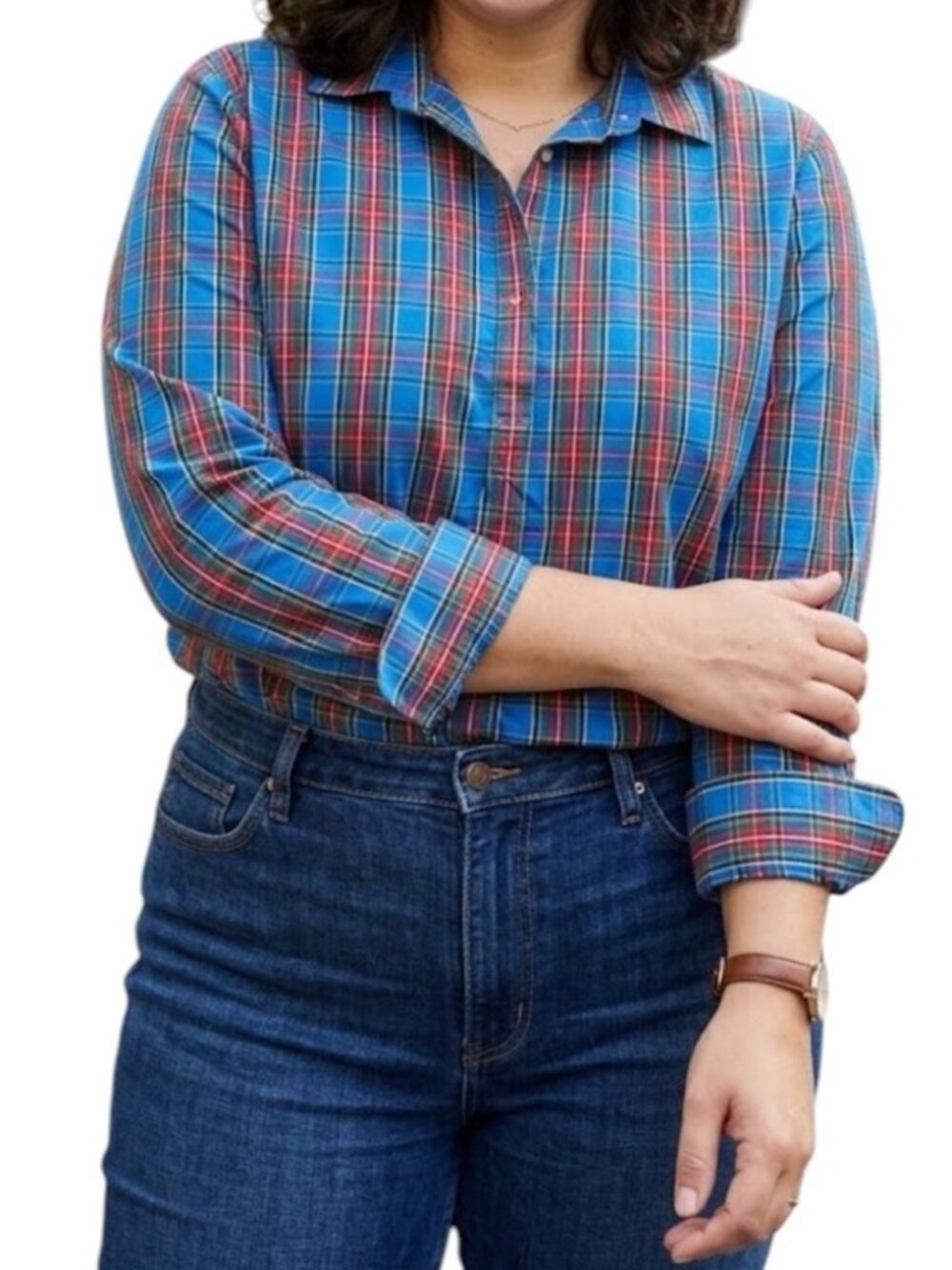Lands End Blue Plaid Popover No Iron Supima Cotton Preppy Workwear Top Size 18